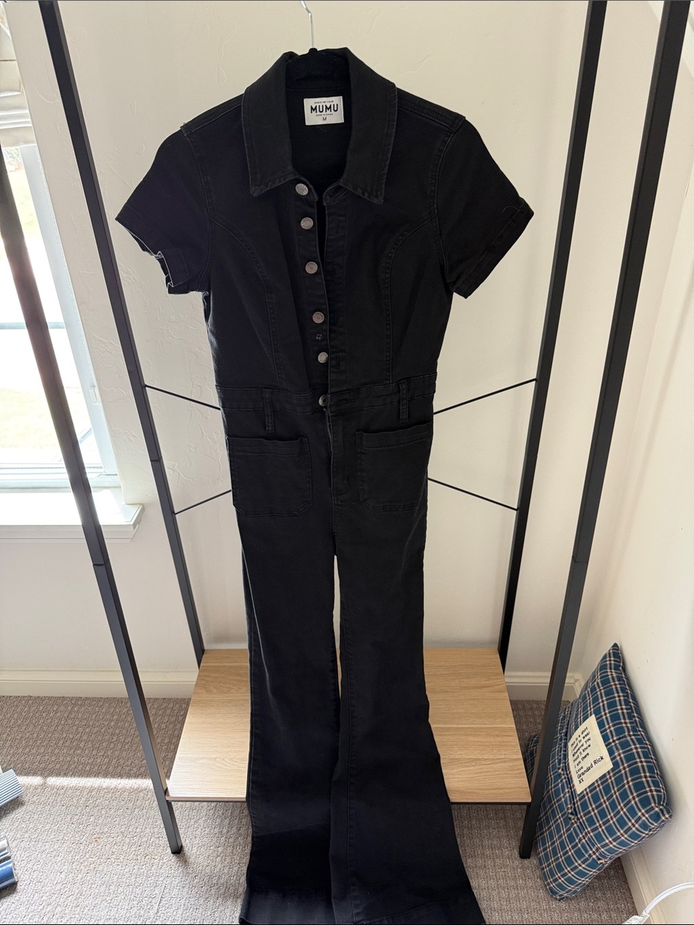 Show Me Your MuMu Black Short-Sleeve Denim Jumpsuit with Flared Legs